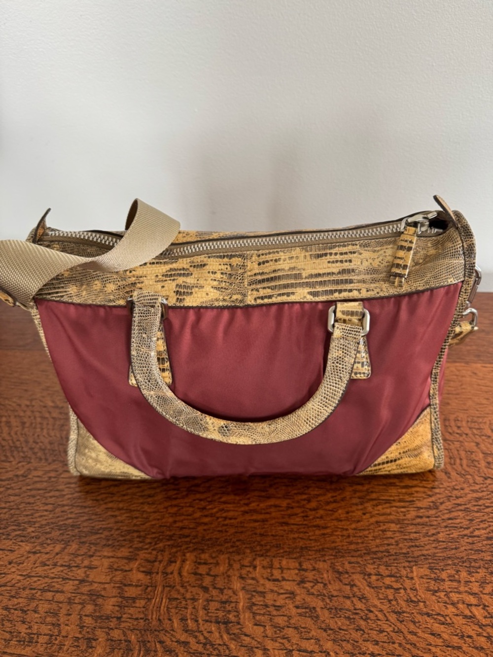 Prada Tessuto Ouverture Burgundy Nylon Lizard Leather Satchel/Shoulder Bag w/COA - Picture 3 of 12